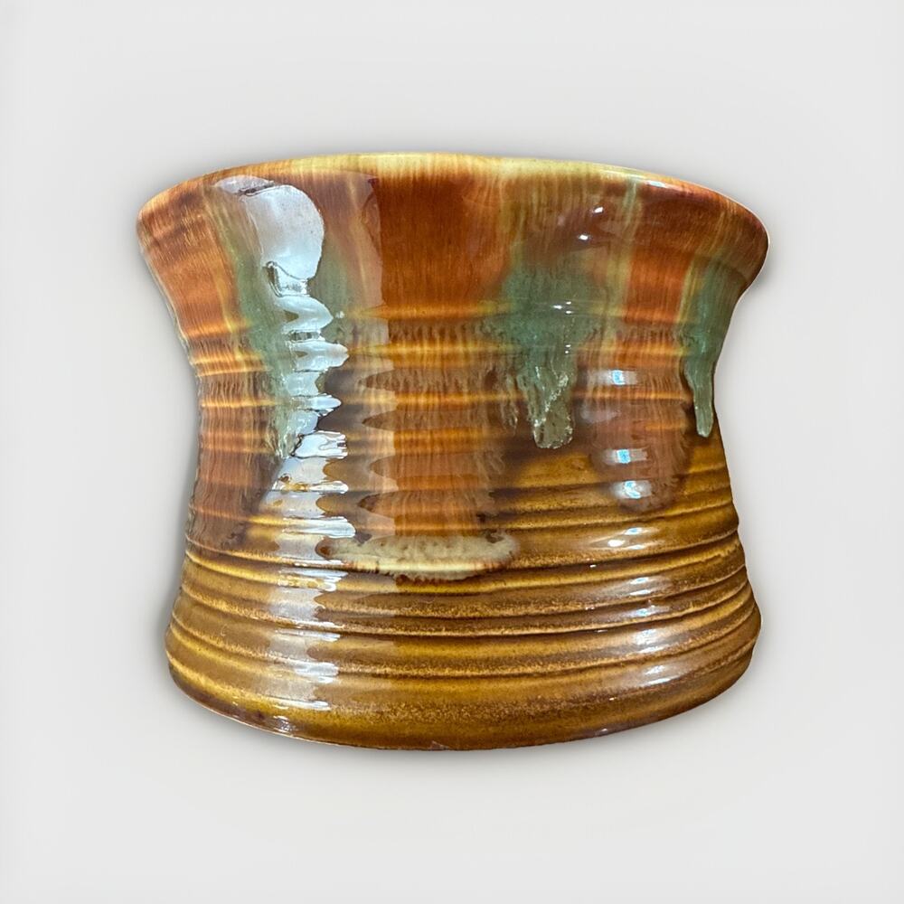 Dryden Pottery Dish Bowl Planter Green Drip Glaze Brown Bowl Vintage 1975